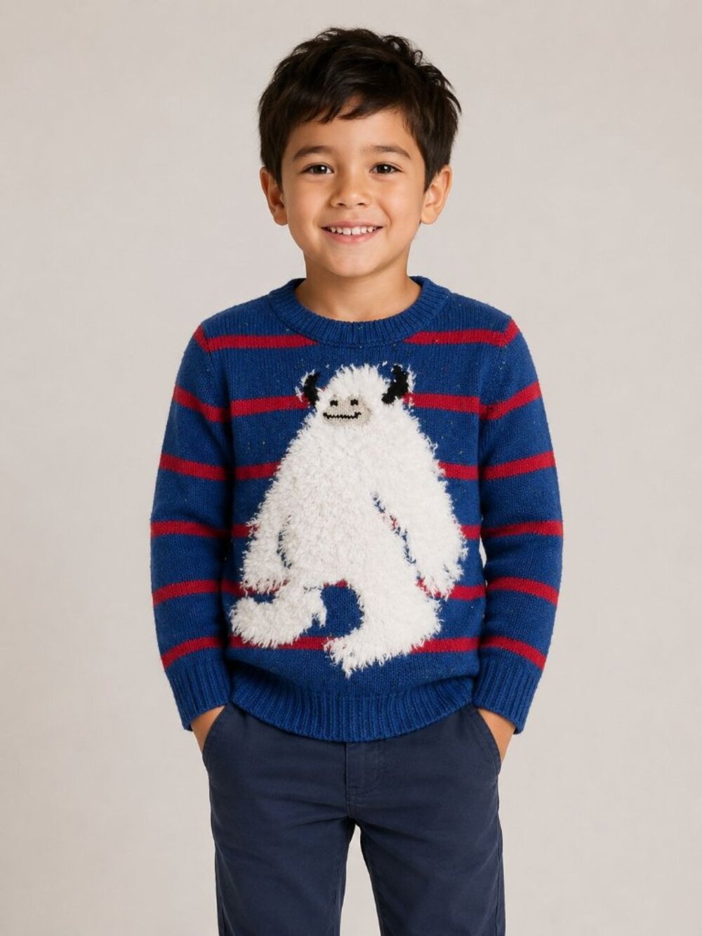 Tucker + Tate sweatera blue and red striped design with a fuzzy white Monster
